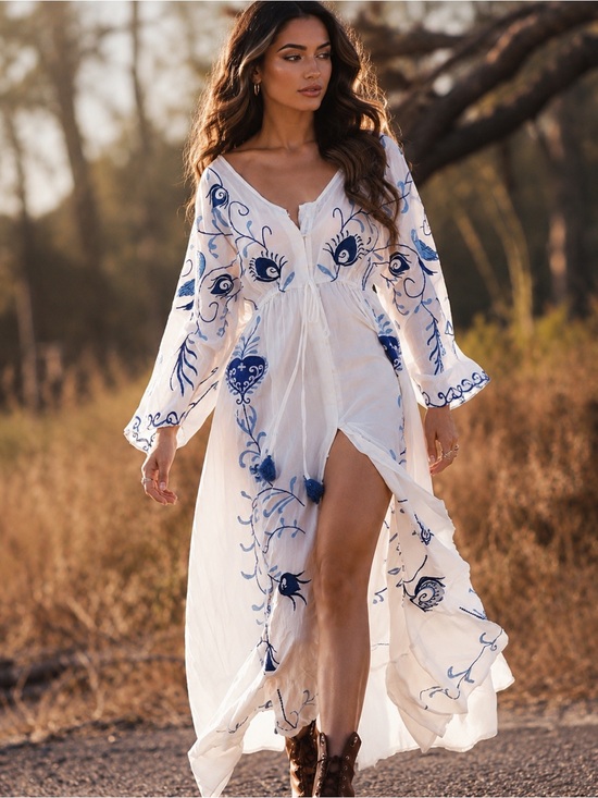 Dresses & Skirts - New White Blue Floral Embroidered Boho Maxi Dress Festival Wedding Maternity XL